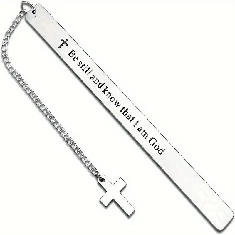 Slim Engraved Cross-Shaped Stainless Steel Bookmark with Attached Chain, Devotional Religious Gift for Book Lovers, Bible Reading Fashion Accessory for Women and Men, Inspirational