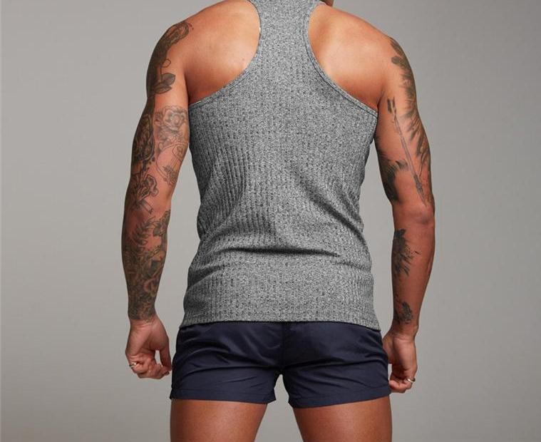 Pit Stripes Knitted Y Back Fitness Tank Tops Mens Bodybuilding Stringer Singlets Slim Fit Muscle Sleeveless Shirt Gym Clothing