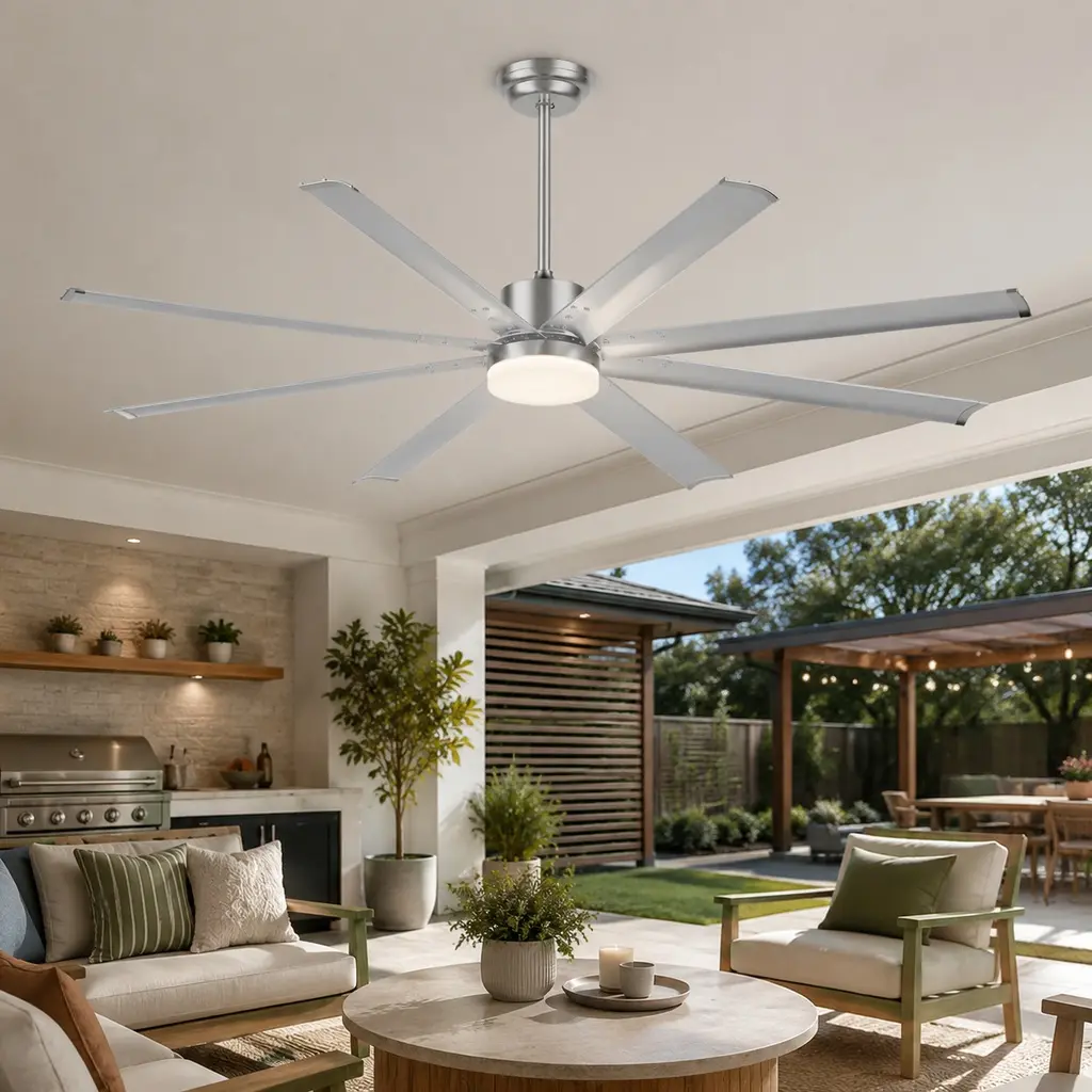 72-Inch Industrial DC Motor Indoor Ceiling Fan with Light - 8 Aluminium Blades, 6-Speed Remote Control, 3 Adjustable Downrods, Silver Metal, 72.00 w x 72.00 d x 32.00 h inches - for Gym, Arch, Porch