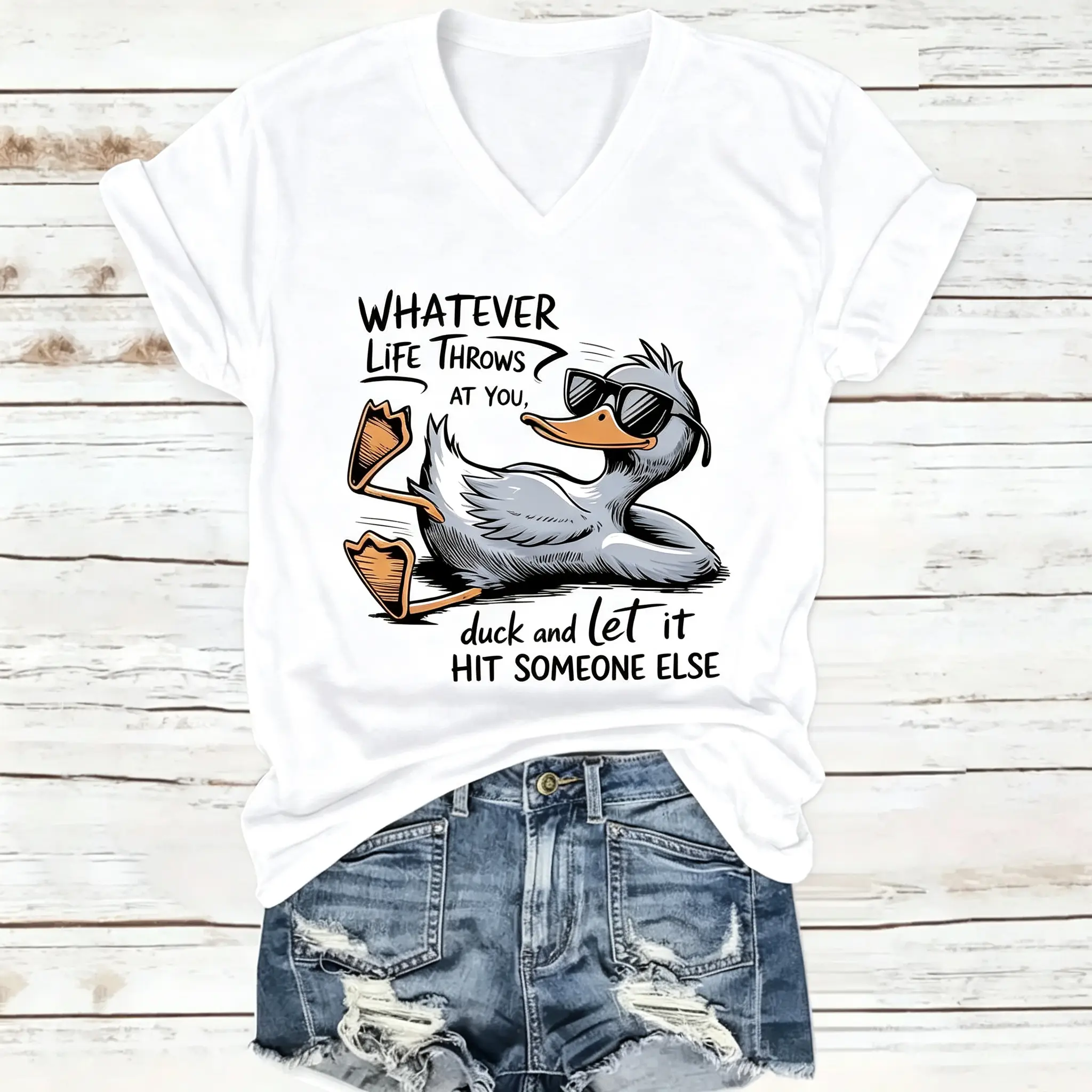 Duck Print T Shirt Womens V Neck Casual Spring Summer Daily Wear