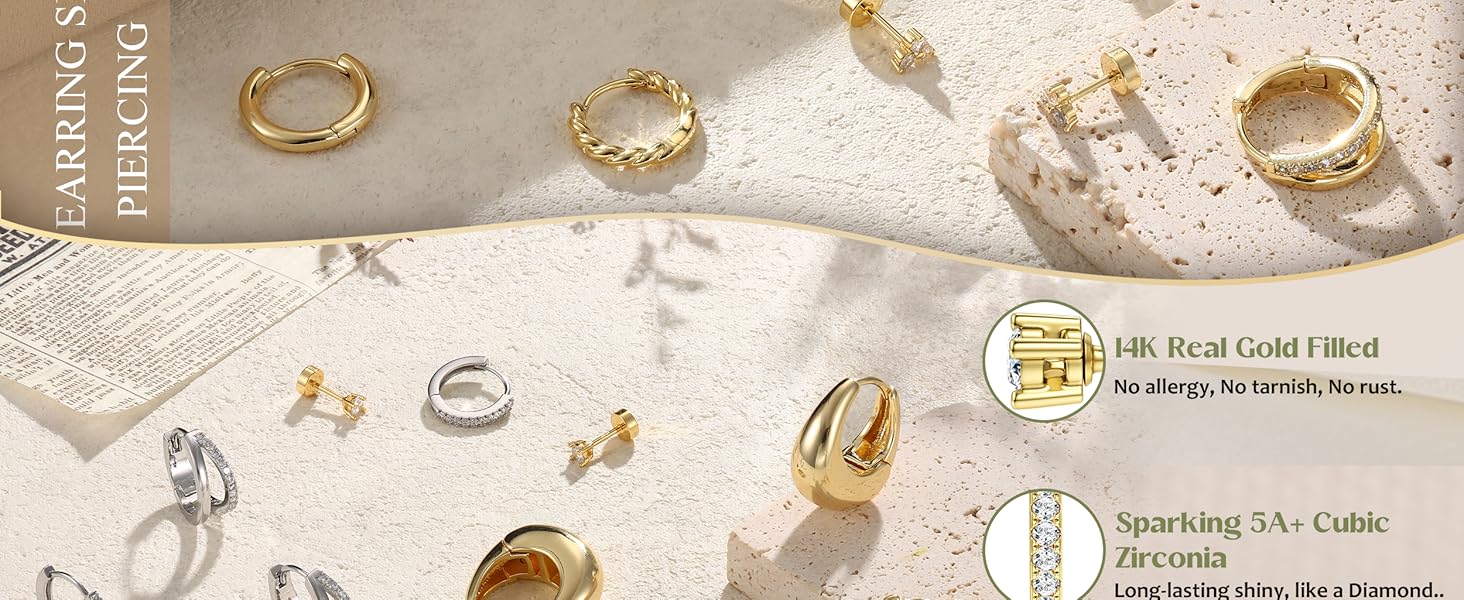 Besteel 4 Pairs Gold Plated Earrings Set for Women Hypoallergenic Huggie Hoop Earring Set for Multiple Piercing Small Dainty Helix Tragus Cartilage Flat Back Stud Earring Stacks Pack Silver