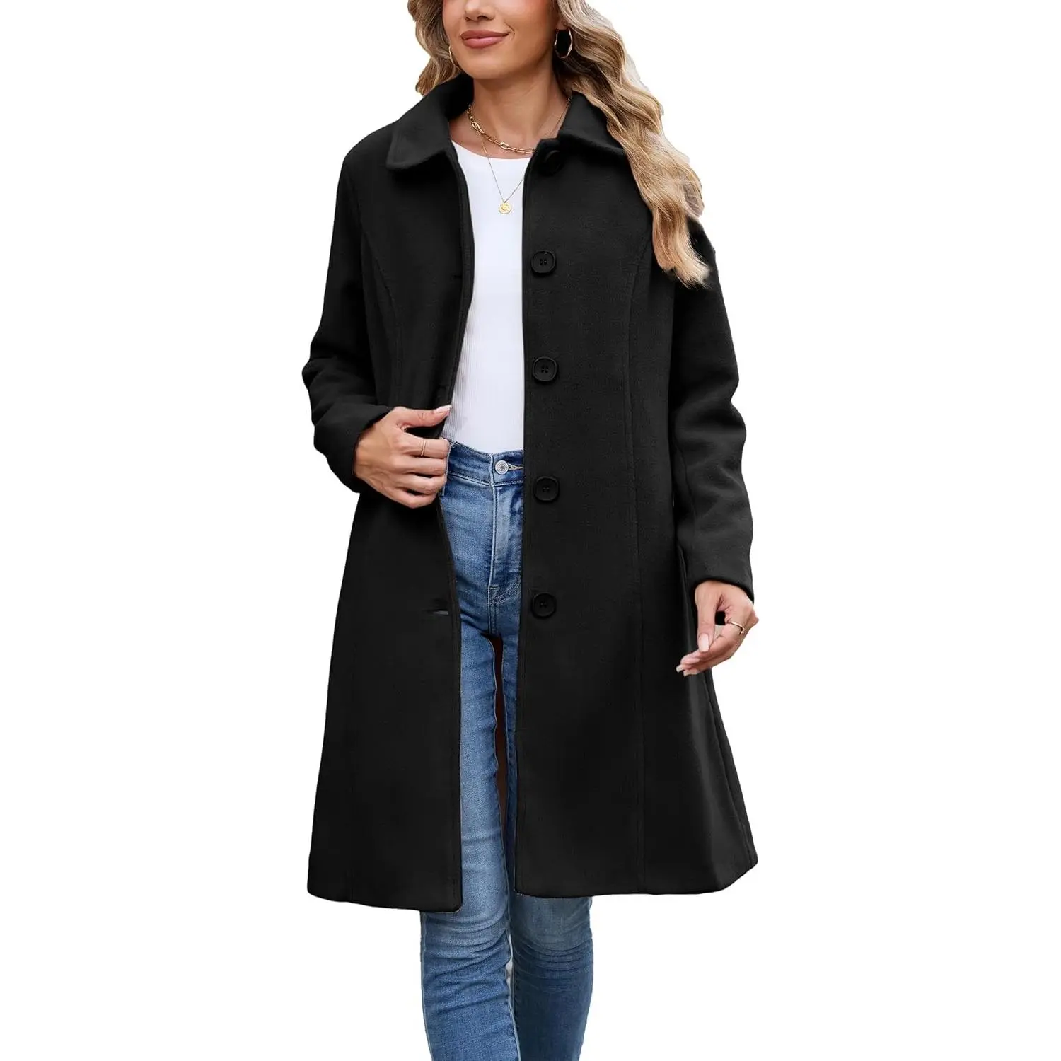Springrain Women's Winter Casual Wool Blend Single-Breasted Peacoat Overcoat - Chic Longline Knee-Length Fit, Elegant Warm Turn-Down Collar, Pockets, Office Daily Tops Outerwear