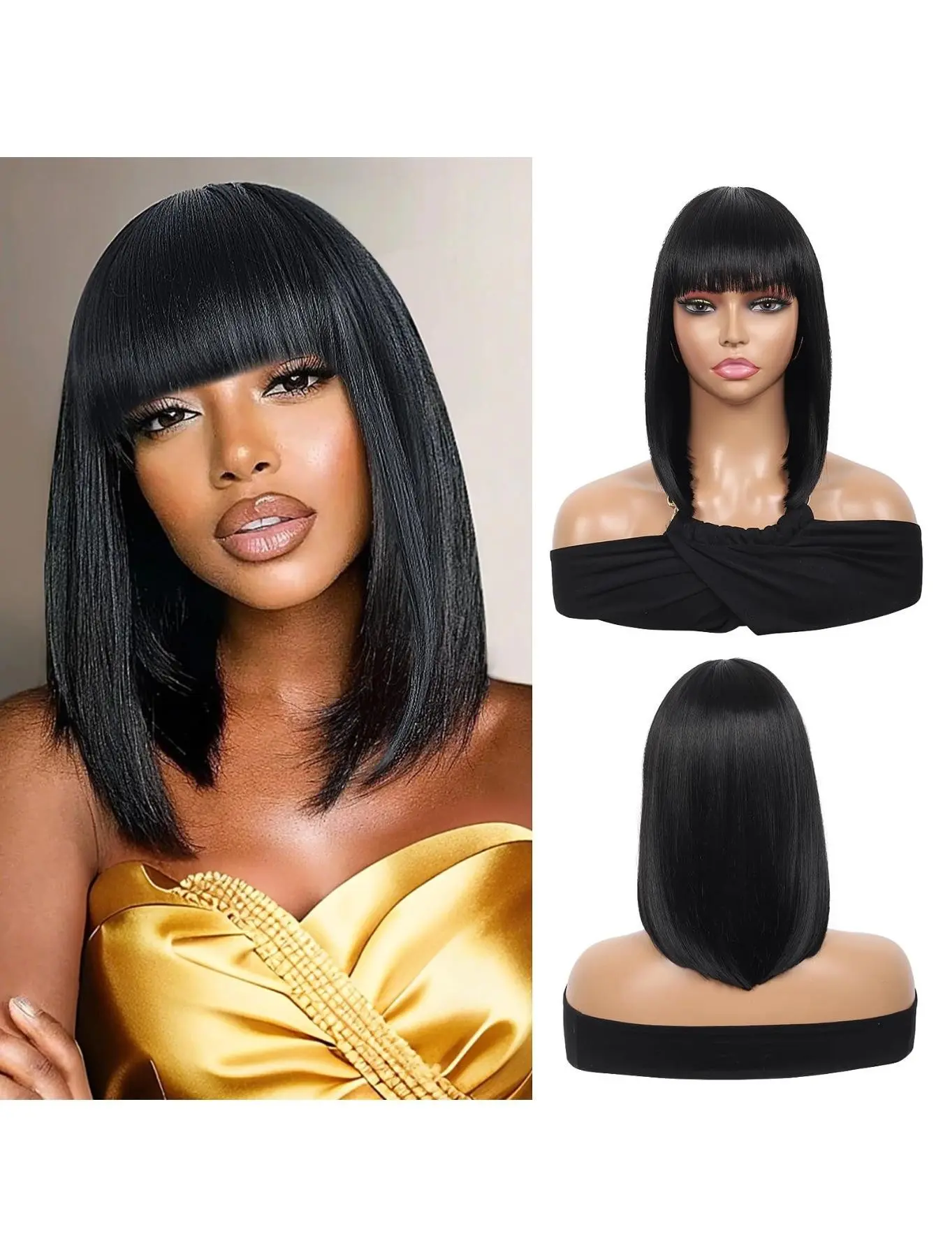 14 Inch Short Bob Wigs with Bangs, Straight Bob Wigs for Women Natural Looking, Synthetic Short Bob Wigs Heat Resistant Fiber Wigs for Daily Party Cosplay (Natural Black)