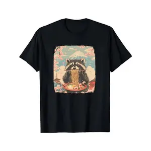Raccoon Eating Ramen Japanese Style Graphic Cotton T-Shirt, Perfect Valentine's Day Gift for Animal & Food Lovers