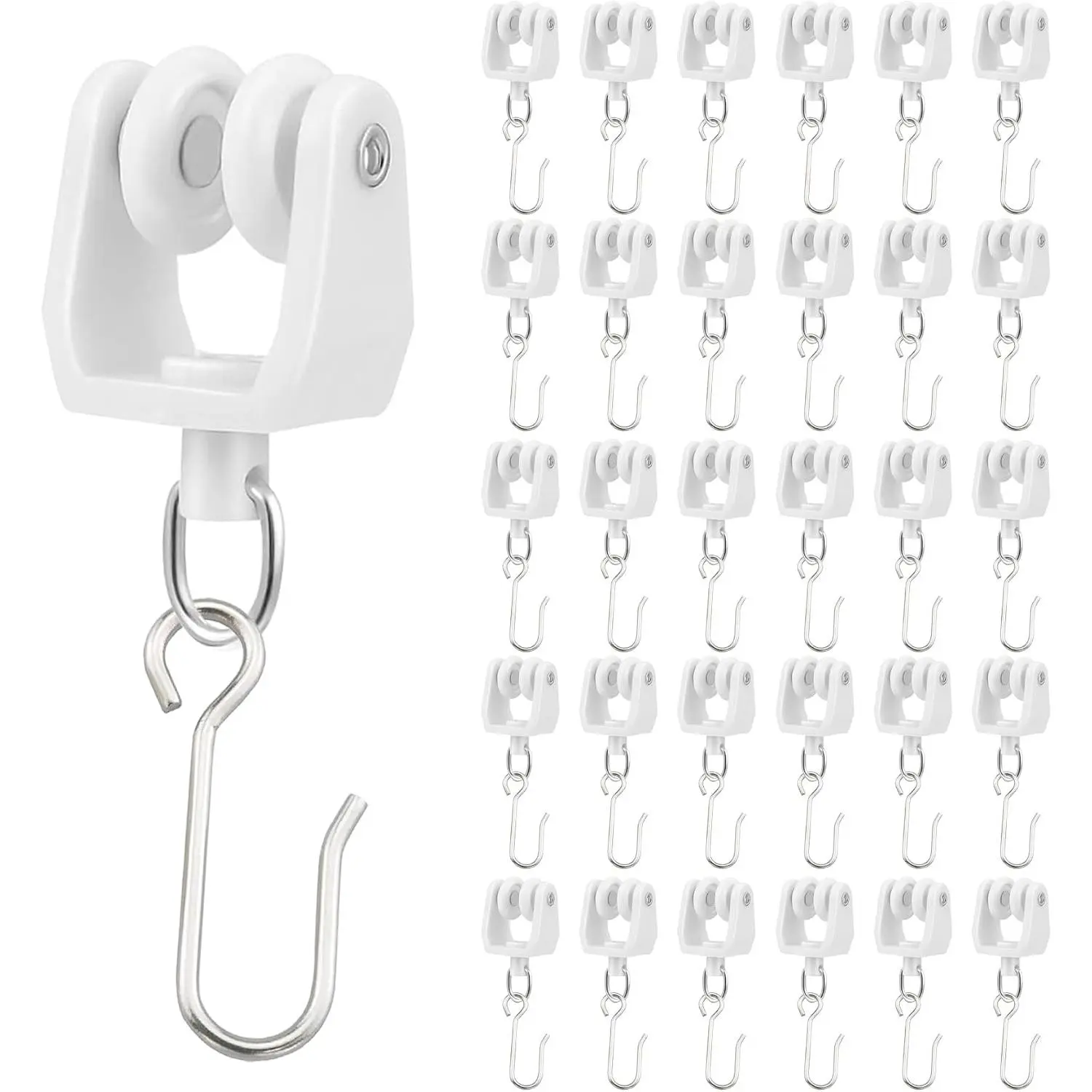 Ceiling Curtain Track Rollers & Hooks, 60 count Heavy Duty Set, White | 30 Rollers & 30 Metal S Hooks, Smooth Gliding,  Construction, Easy Installation, Fits Ceiling Curtain Tracks