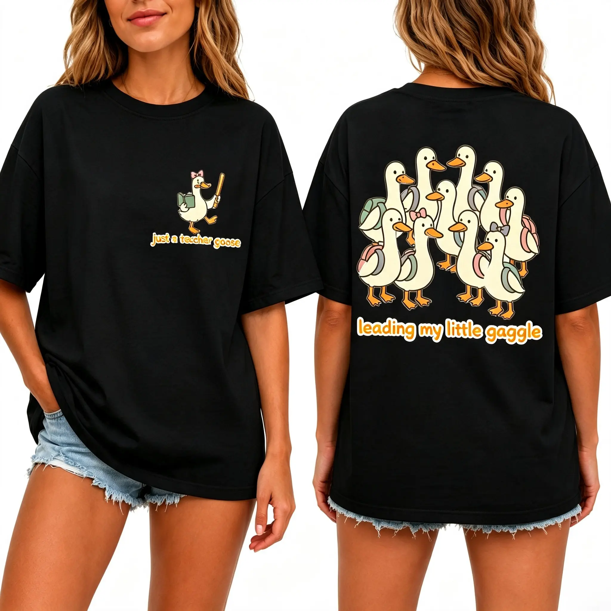 Women's "Just a Teacher Goose" Double-Sided Tee, Oversized White Back-to-School 100% Cotton Casual Short-Sleeve T-Shirt