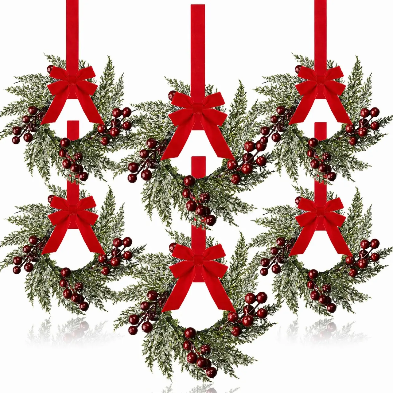 6 Mini Christmas Cabinet Wreaths, 7.9 Inch Raspberry Candle Rings with Ribbon Bow, Holiday Decor for Table Center, Window, Wall, Fireplace, Chair