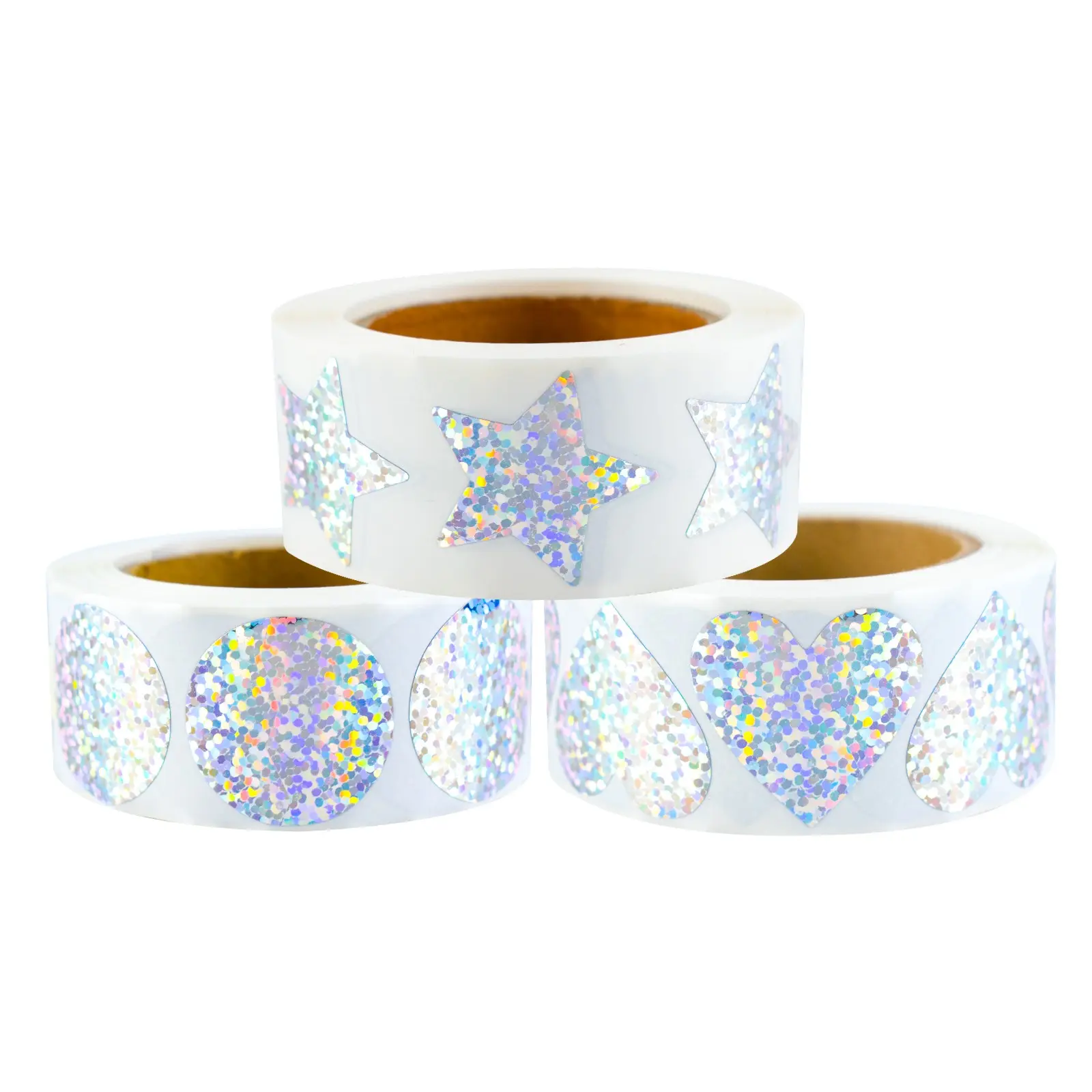 1 Inch Shiny Stickers, Holographic Star Heart Circle Shapes, 500 Pieces Adhesive Metal Foil Stickers, Reflective Star Stickers