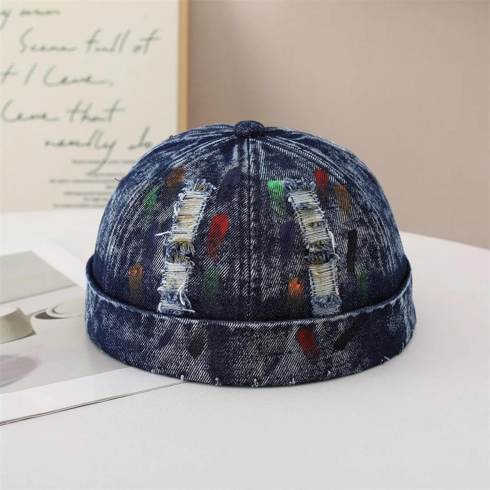 Vintage Distressed Denim Docker Cap for Men Women Retro Washed Miki Hat with Colorful Graffiti Print Streetwear Brimless Beanie
