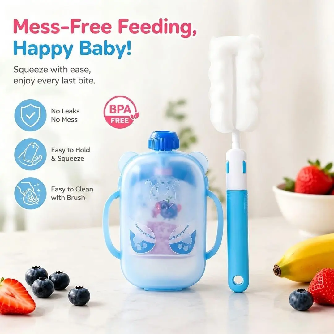 Squeeze-style puree containers with cleaning brushes, BPA-free food bag holders, leakproof fruit puree feeding cups, and reusable handheld food squeeze bottles, perfect for travel, outdoor activities, and baby self-feeding