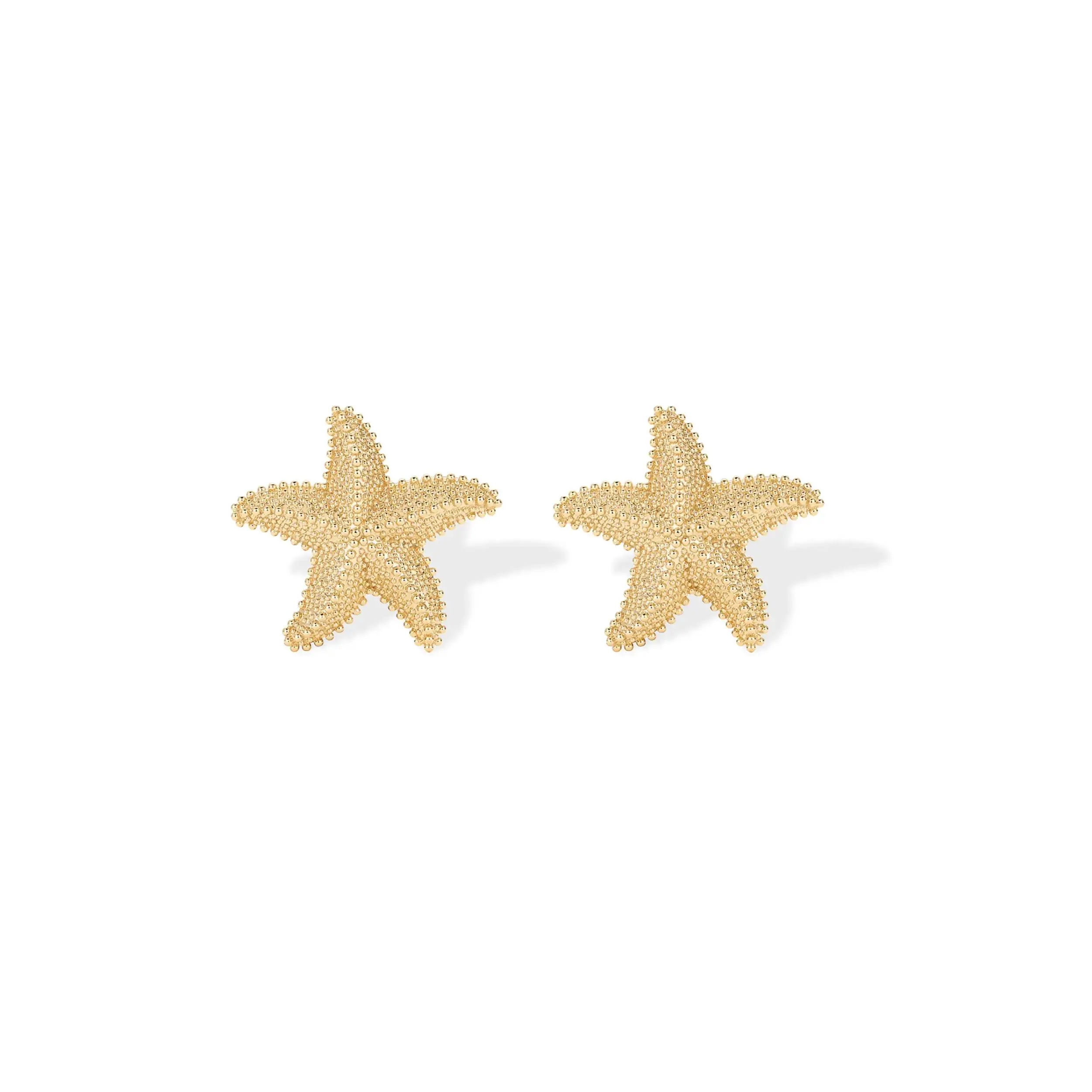 14K Gold Plated Sterling Silver Posts Starfish Statement Earrings for Women| Chunky Ocean Starfish Stud Earrings| Hypoallergenic Jewelry square cut flower earring hypoallergenic lightweight silver finish labor day gift bold statement piece full pav tone