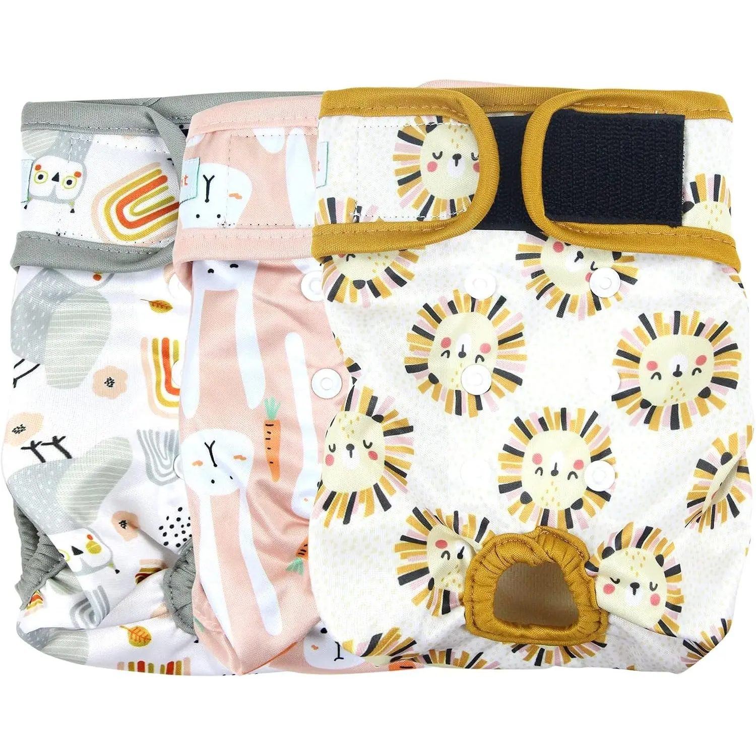 Washable Female Dog Diapers (3 Pack) - Doggie Reusable Small Medium Large Dog Diapers for Doggy Puppy Female in Period - Highly Absorbent Dog Heat Panties (Medium,Rabbit, Owl, Lion)