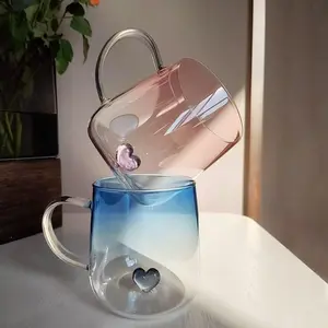 Gradient Color High Borosilicate Glass Cup, Transparent Coffee Mug, Reusable Water Bottle, 3D Heart Design, Mother's Day Gift