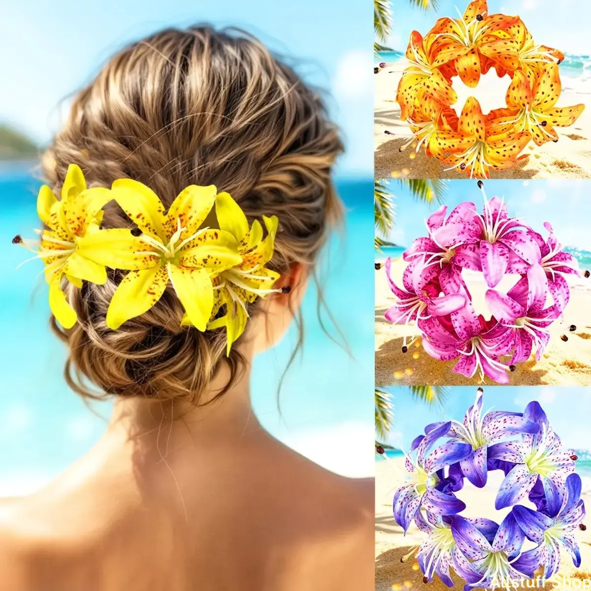 4-PCS Boho Artificial Lily Hair Scrunchie, Big Floral Elastic Hair Band, Vacation Beach Flower Hair Decor for Women - Ideal for Beach Vacation, Wedding, Bridal Photoshoot, Summer Daily & Festival Styling Artificial Lily Flower Scrunchie campingessentials