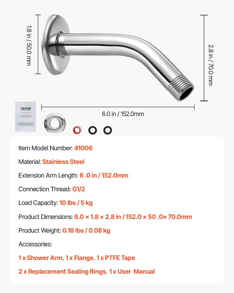 VEVOR Shower Arm with Flange, 6 Inches, Wall Mounted Stainless Steel Shower Head Arm Extender, Chrome Finish, PTFE Tape, G1/2 Universal Thread Connector Compatible, for Fixed & Handheld Showerhead