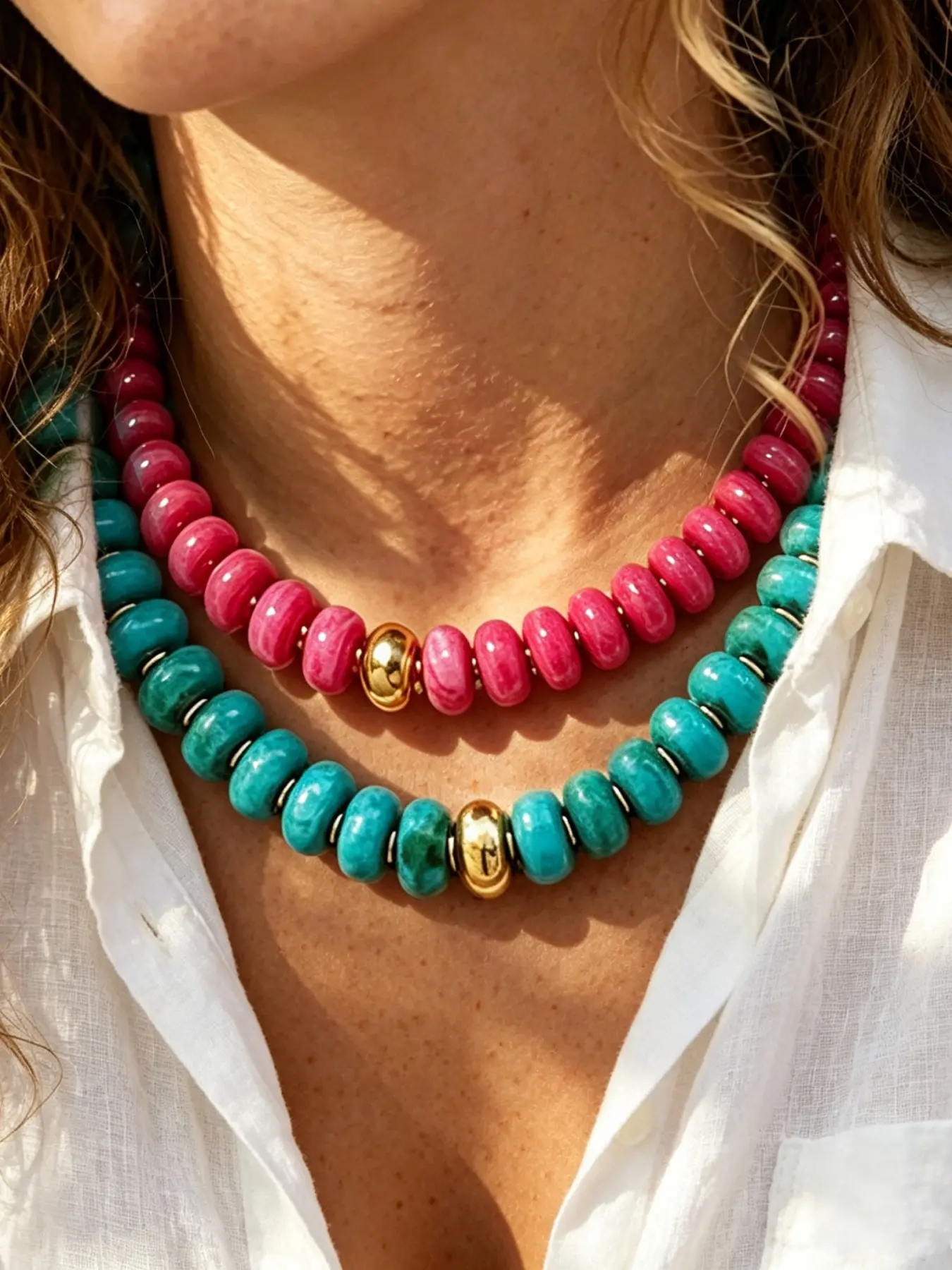 2 Pcs Boho Acrylic Geometric Beaded Necklace Set, Boho Style Necklace, Floral Pattern, Casual Jewelry for Women, Perfect for Daily Wear, Beach, Party, Gift