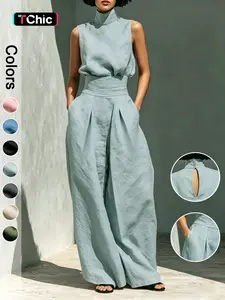 Women's Two-Piece Set High Neck Sleeveless Top and Long Pants, Elegant Style High Waist Wide Leg Pants Set, Fashionable Ladies