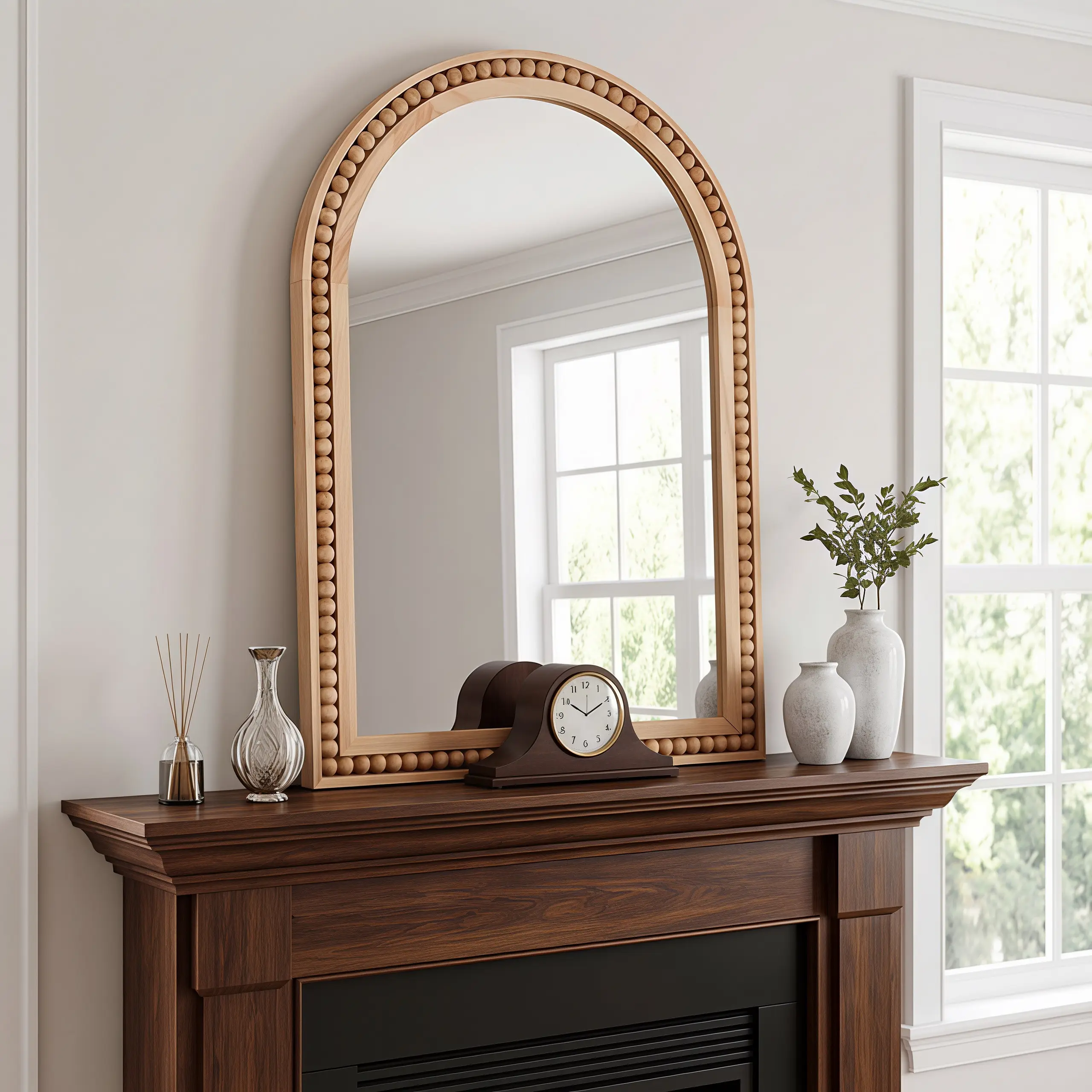 Nokaa 24x36 Inch Arched Wall Mirror with Solid Wood Frame and Beaded Trim, Rustic Farmhouse Decor for Entryway, Bathroom, Living Room, High-Definition Tempered Glass, Easy Wall Mount, Natural Wood Finish