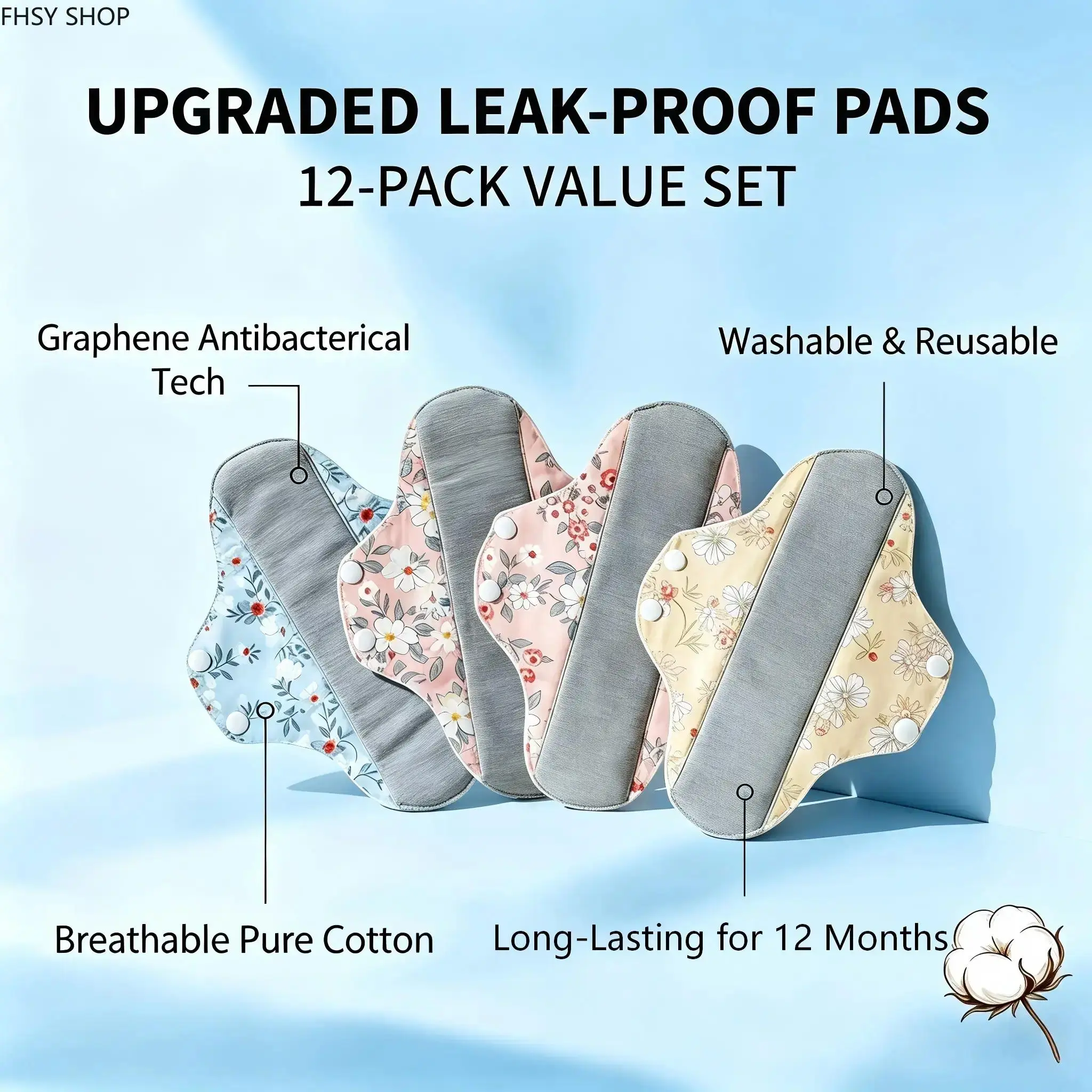 Women's & Seniors' 6/12 Pack Leak-Proof Reusable Bed Pads, Graphene Organic Cotton Underpads with Upgraded Absorption, Daily Moisture-Wicking Design for Postpartum & Elderly Care, Keeps Skin Dry & Comfortable