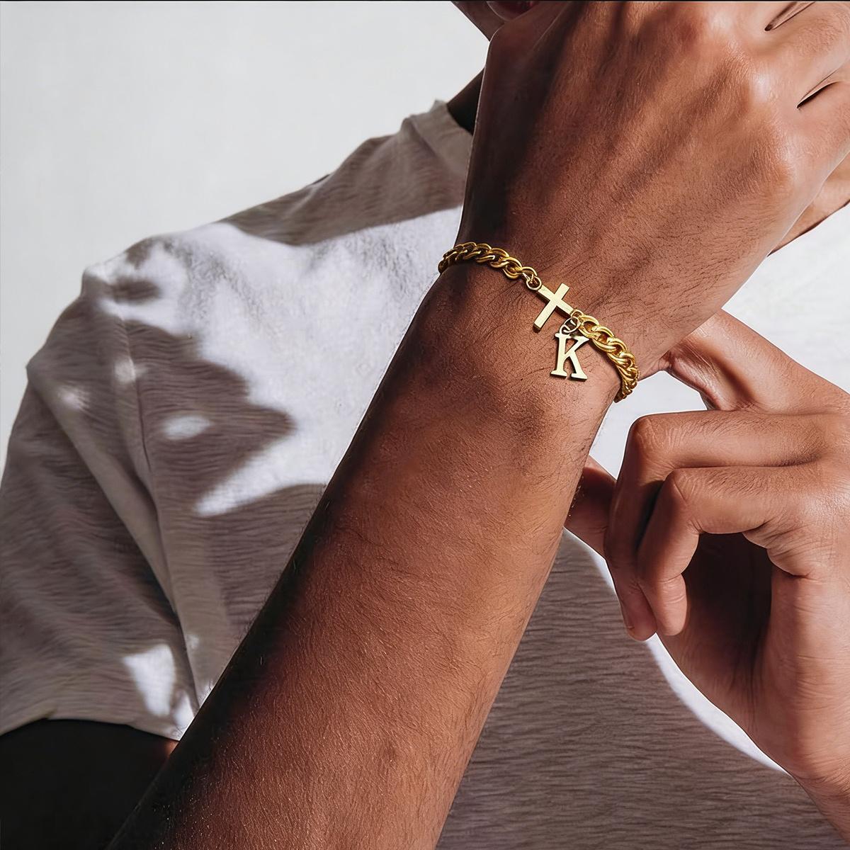 1pc Men's Cross Letter Bracelet, Stainless Steel, 26 Initials A H L E C G J K L M R S Z, Pendant Bracelet, Waterproof, Anti-oxidant, Suitable for Parties, Birthdays, and Events