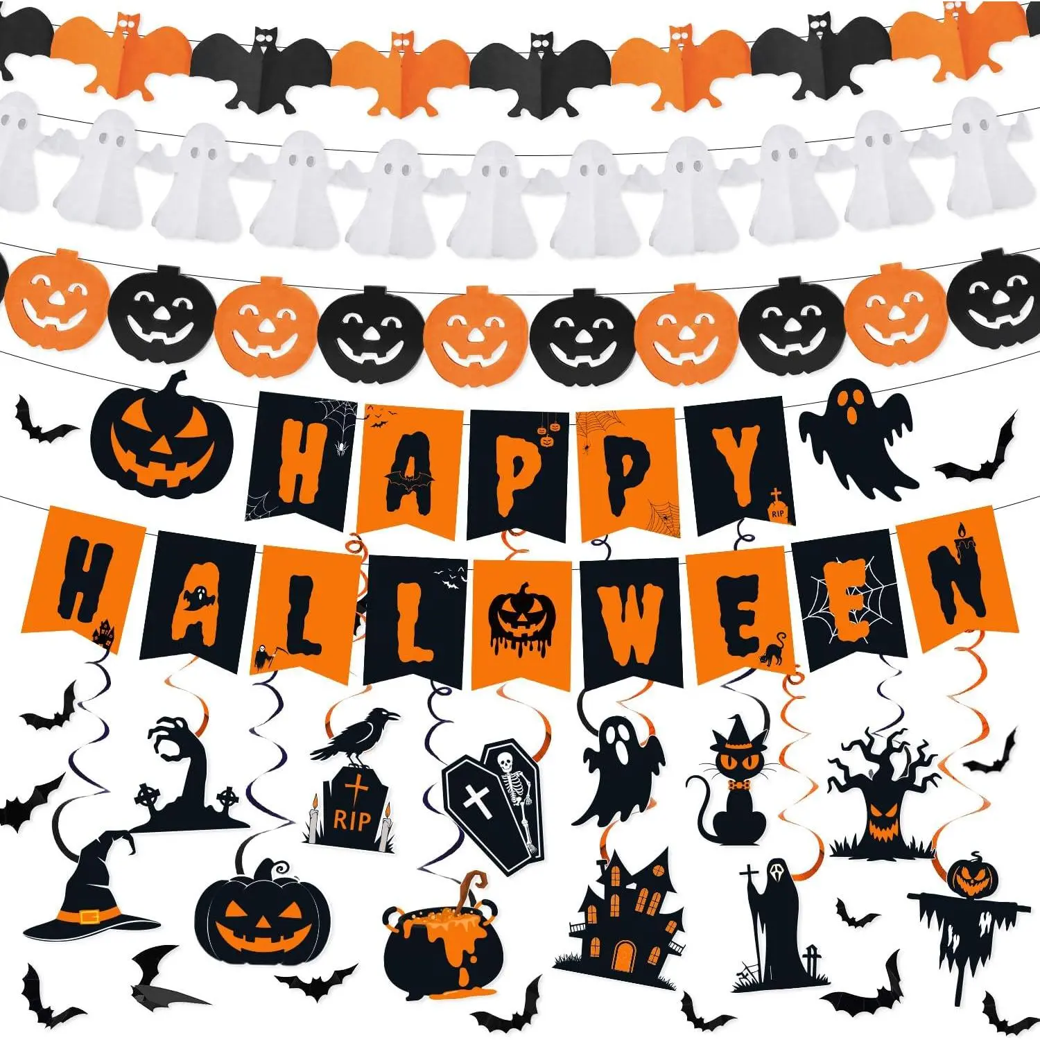 28 count Halloween Party Decorations Set | Happy Halloween Banner, Bat  and Pumpkin Banners,  Swirls and Bat Wall Stickers for  Office Decorations