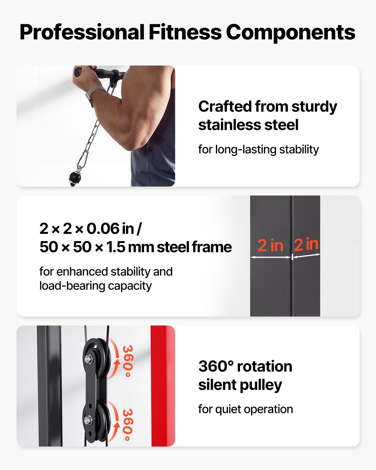 VEVOR 2-in-1 Carbon Steel LAT Pull Down & Row Cable Machine, Home Gym Hand Tool Kit with 3-Level Adjustable Seat, 4-Level Adjustable Foam Roller, 500lb Load Lat Tower for Back Workouts, Black Red