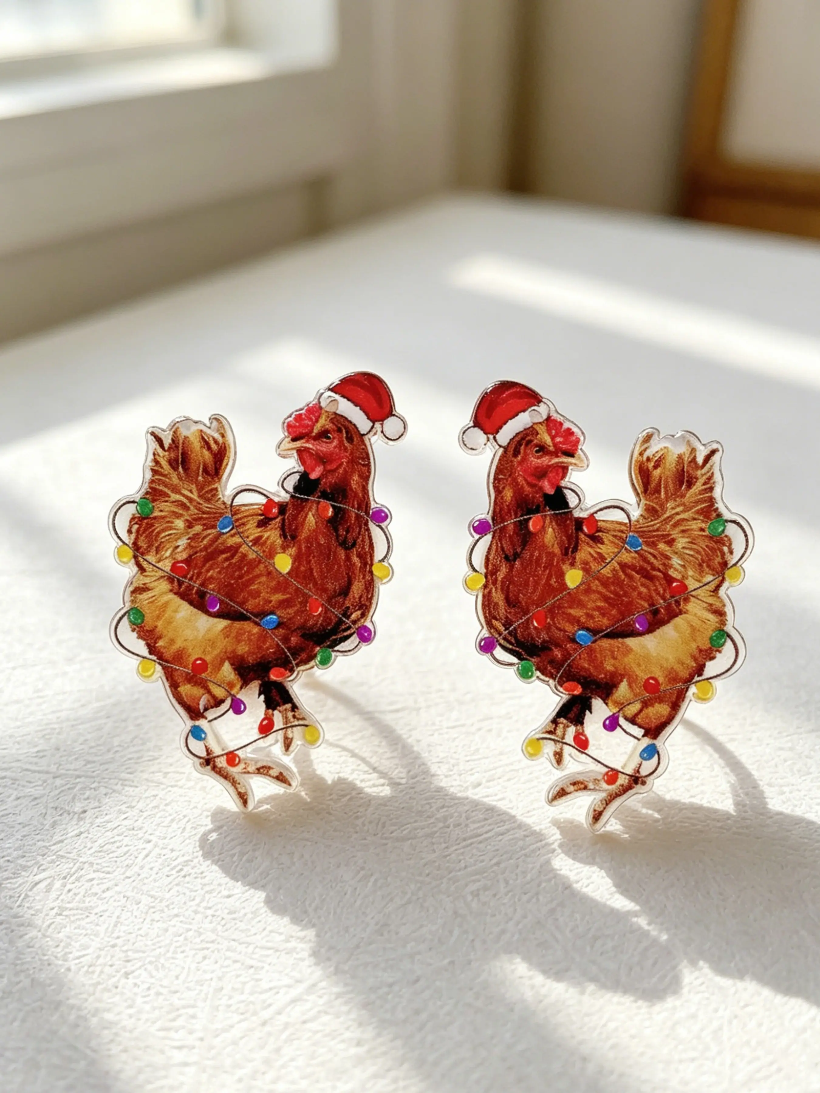 2 Pcs Christmas Chicken Earrings Set, Funny Santa Hat Design, Acrylic Material, Fall & Winter Party Jewelry, Women's Festive Gift