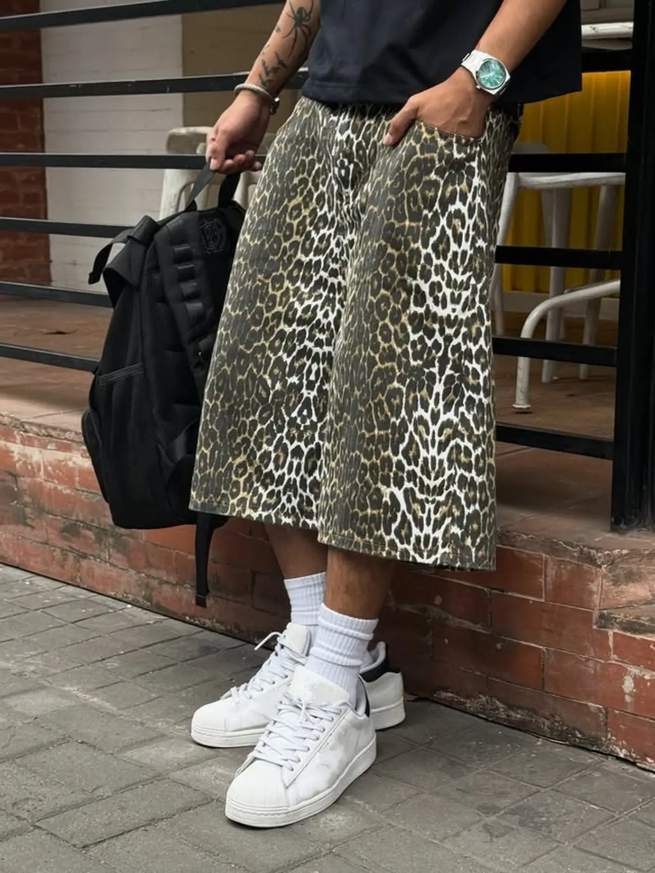 Unique Leopard Print Seven-Eighths Pants, Retro Street Style Wide Leg Shorts, Casual Summer Fashion, Versatile Loose Fit, Casual Relaxed Shorts, All Season Shorts