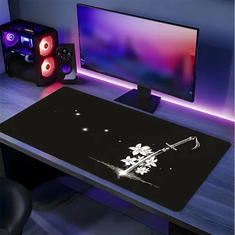 Sakura Katana Large Gaming Mouse Pad, Made for gaming, Non-Slip Rubber Base Stitched Lock Edge Desk Mat, Minimalist Japanese Samurai Art Design, Durable Computer Accessory for Home Office & Gaming Setup, Perfect Gift for Gamers & Anime Fans