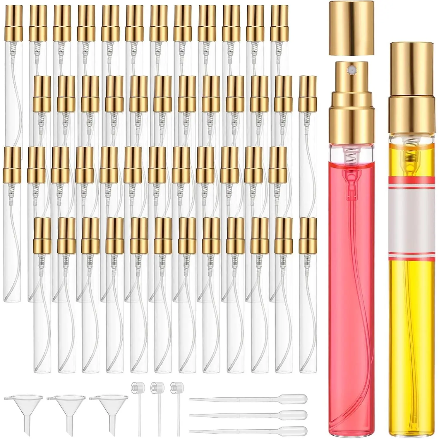 50 Pack 10ml   Glass Atomizer, Leakproof Refillable Travel  Bottles with Funnel Dropper Label Stickers for Airplane DIY Samples