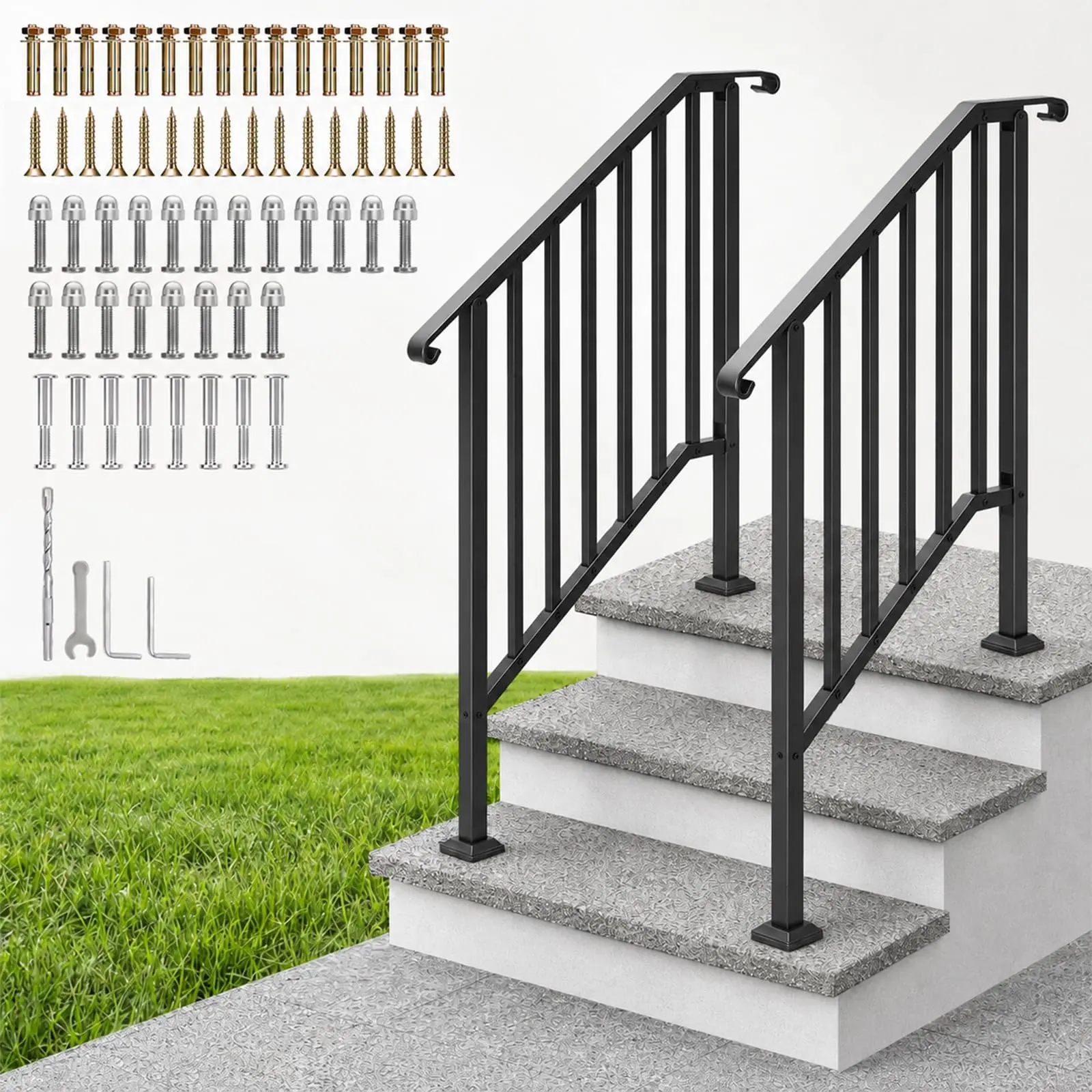 2-Pack Outdoor Stair Handrail Set for Porch & Deck Steps, Heavy-Duty Metal Safety Rails for DIY Users, Easy Install on Wood, Concrete/Brick Surfaces, Fits Multi Step Sizes