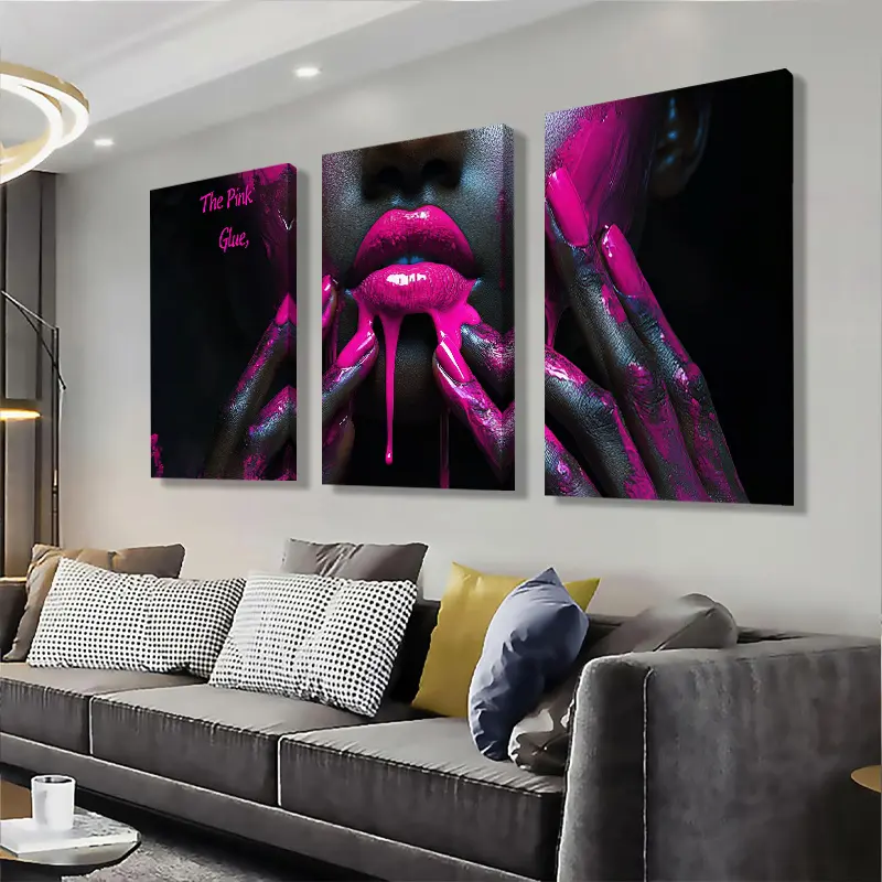 Modern Abstract 2D Flat Painting 3-Piece Set - Lips & Hands with Pink Paint Drips, Home Decor Posters & Prints for Living Room, Bedroom wall decor fall decor 2026 wall art