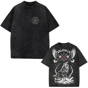 Valhalla Wolf Acid Wash Oversized Graphic Tee Men Norse Mythology Viking Raven Odin Fenrir Runic Dark Gothic Streetwear Gifts For Him Washed Black T-Shirt stylish comfy indie aesthetic