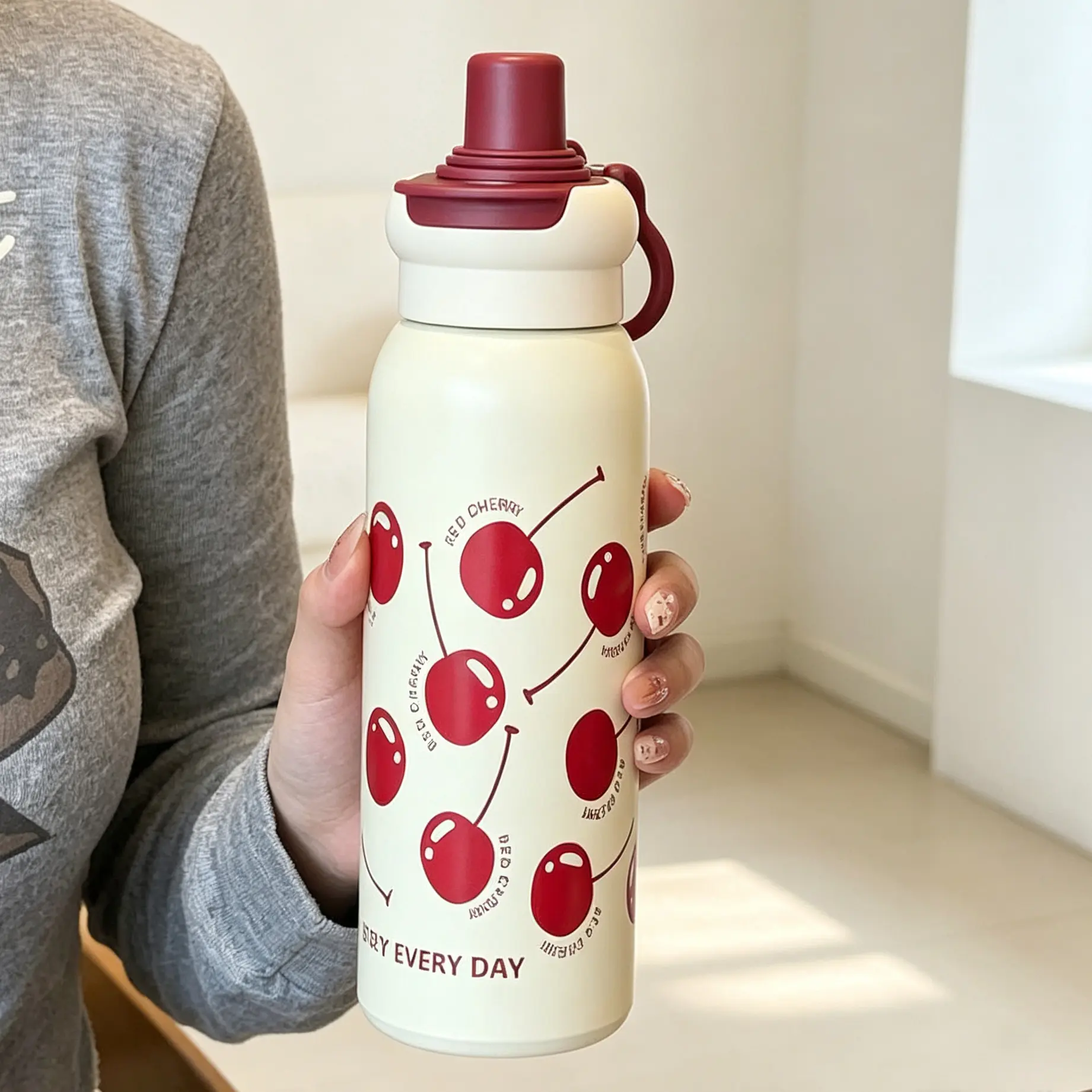 Cute Cherry Pattern Insulated Water Bottle, Stainless Steel Travel Cup, Portable Sports Water Bottle, Reusable Thermal Cup, Leak-proof with Flip Lid, Fits Backpack Side Pocket, a Birthday or Christmas Gift for Women, Girls, Friends, and Teenagers