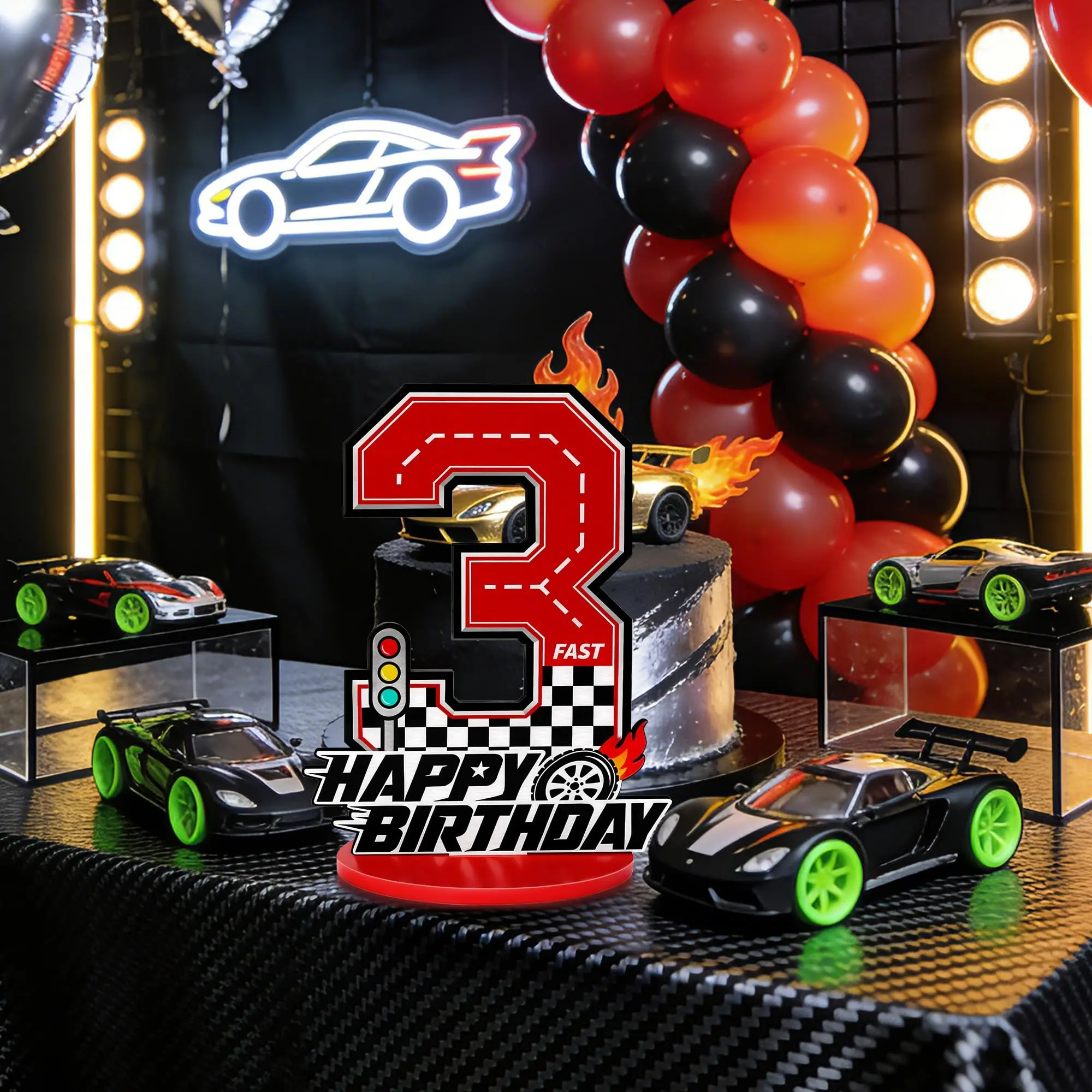 Racing Theme Birthday Wooden Desk Stand, Checkered Flag Number Standing Decor, Racing Light Birthday Desktop Decoration, Boy's Birthday Party Supplies