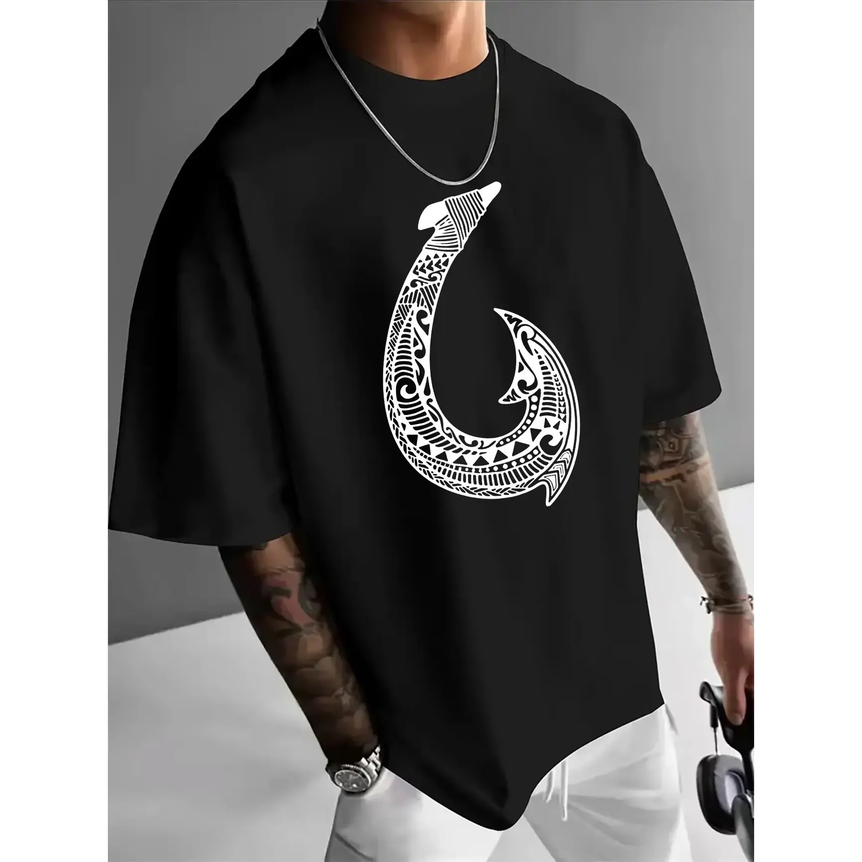 Polynesian Tribal Fish Hook Graphic Cotton T Shirt, Oversized Comfort Fashion Outfit, Maori Tribal Art Tee, Perfect Holiday Gift For Him Her, Cultural Art Lover Present