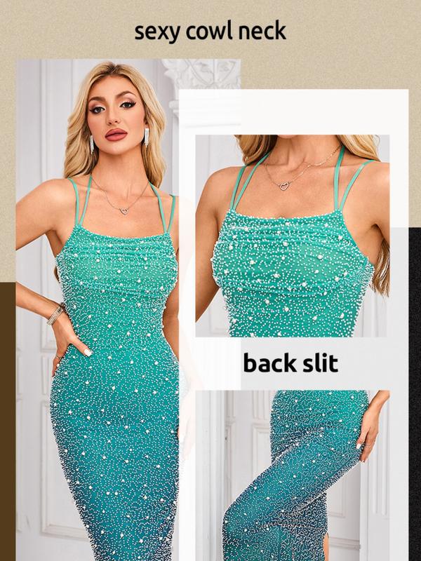 Romantic Tulle Sexy Slim Fit Bodycon Women Spaghetti Strap Turquoise Blue Madi Dresses Sequin Beaded Evening Prom Dress For Christmas, New Year. Thanksgiving, Party, Wedding,Spring Collection Formal Bodycon Dress