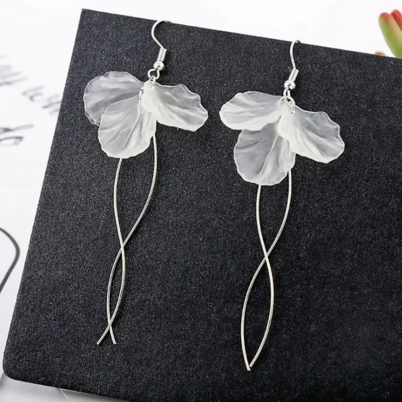 Translucent Immortal Petals Dangle Earrings for Women Fairy White Flower Hook Earrings Korean Fashion Long Tassel Earrings
