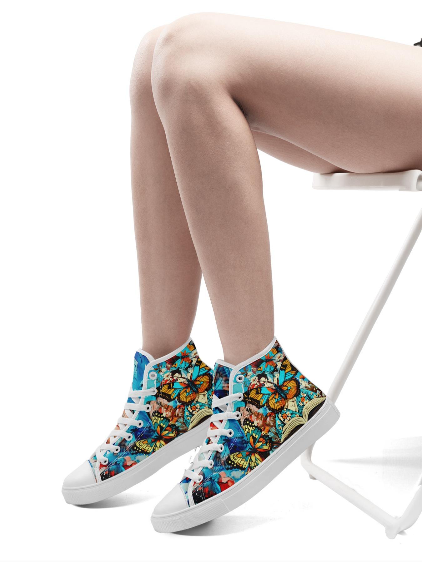 Women's Fashionable Butterfly Print Lace Up Front Canvas Sneakers, Casual Comfortable Soft Bottom Skateboard Shoes, All-match Round Toe Sports Shoes for Daily Wear