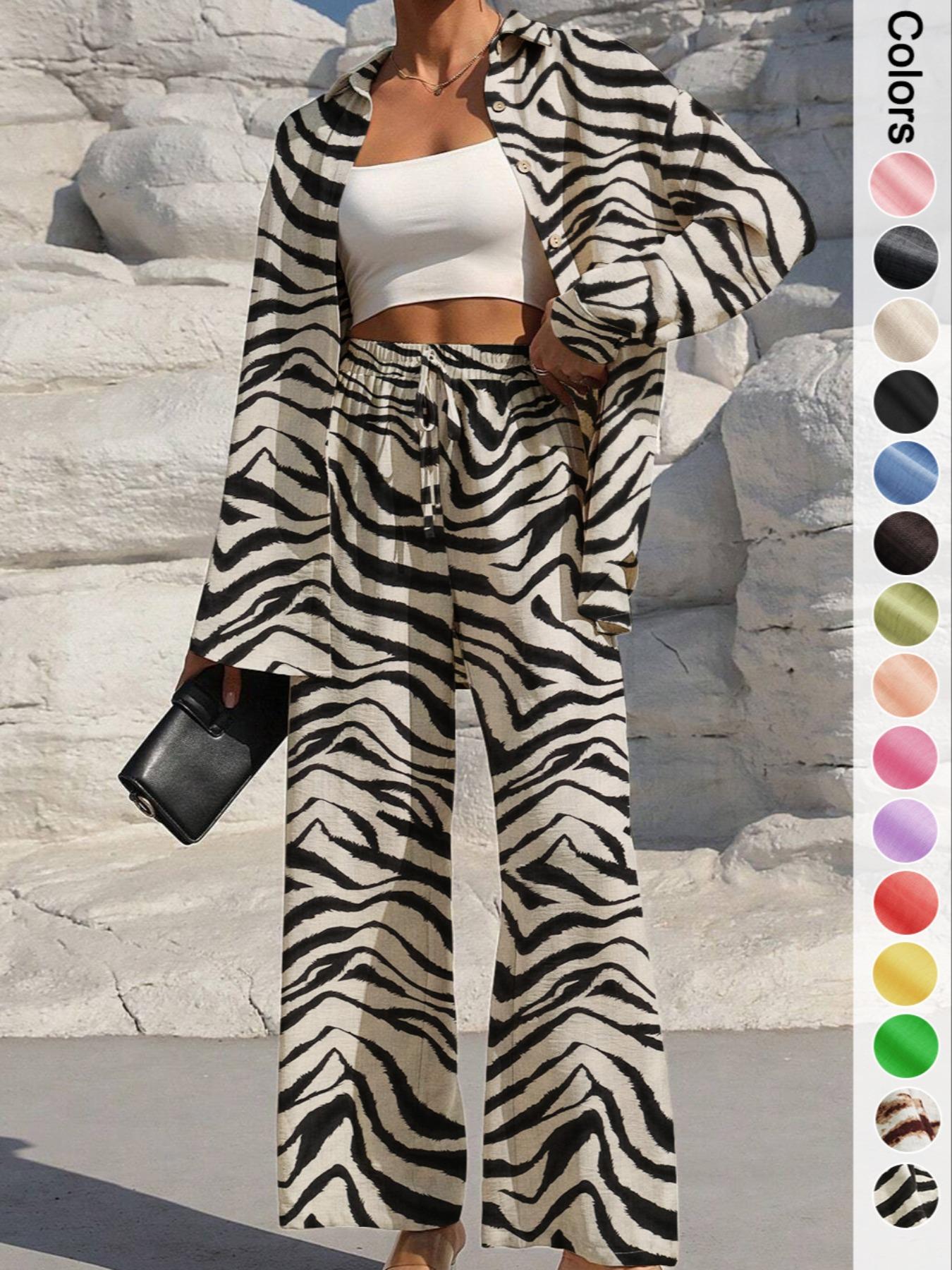 Women's Solid Button Front Shirt & Tie Front Wide Leg Pants Two-piece Set, Casual Drop Shoulder Long Sleeve Top & Trousers 2 Piece Set for Spring & Fall, Women's Clothes for Daily Wear, Casual Outfits Women