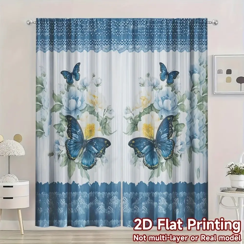2D Plane Curtains Set, Window Curtain, Window Drapes, Ready Made Curtains, Blue Butterfly & Peony Design, Polyester Material, Easy Install, Perfect for Living Room, Bedroom, Office