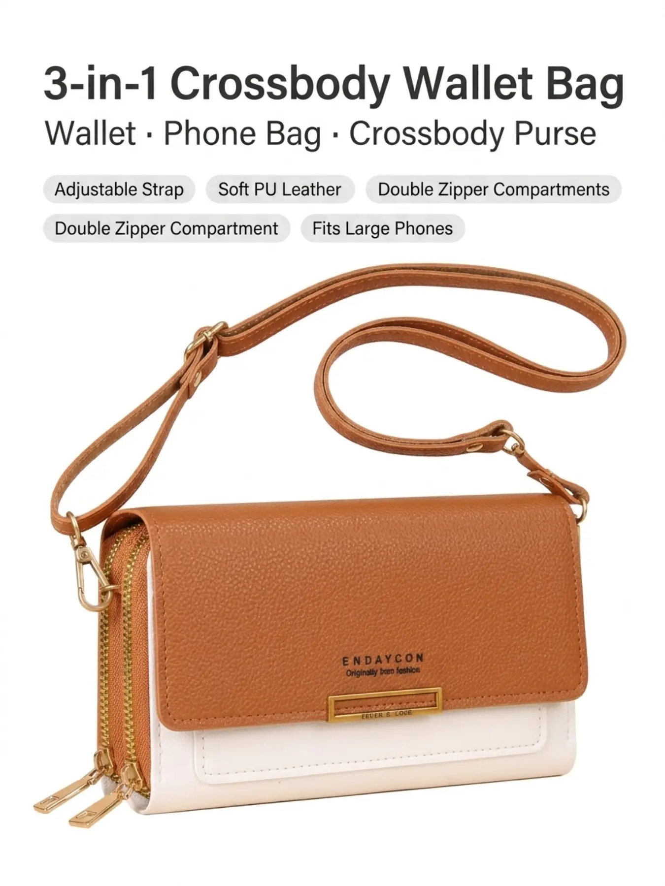 Large Capacity Crossbody Bag, Women PU Leather Wallet Phone Purse, Double Zipper Travel Shoulder Handbag, Credit Card Slots Included
