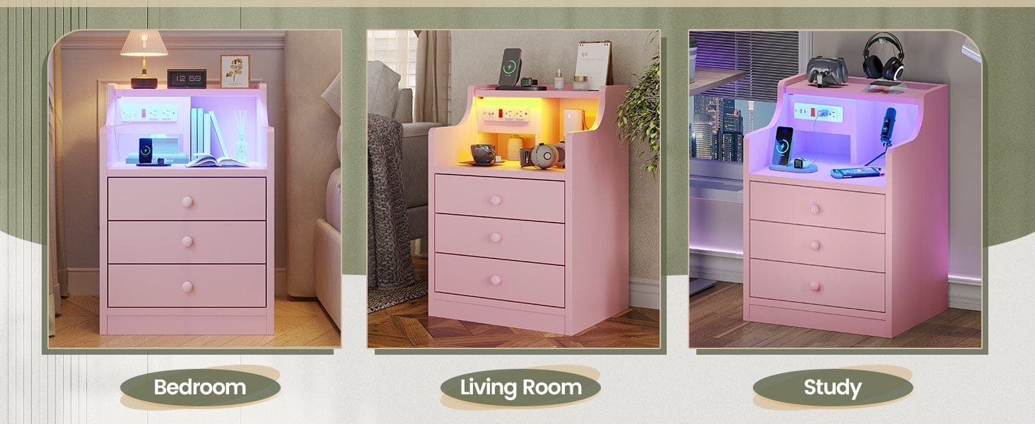 LED Nightstand with 3 Storage Drawers Pink