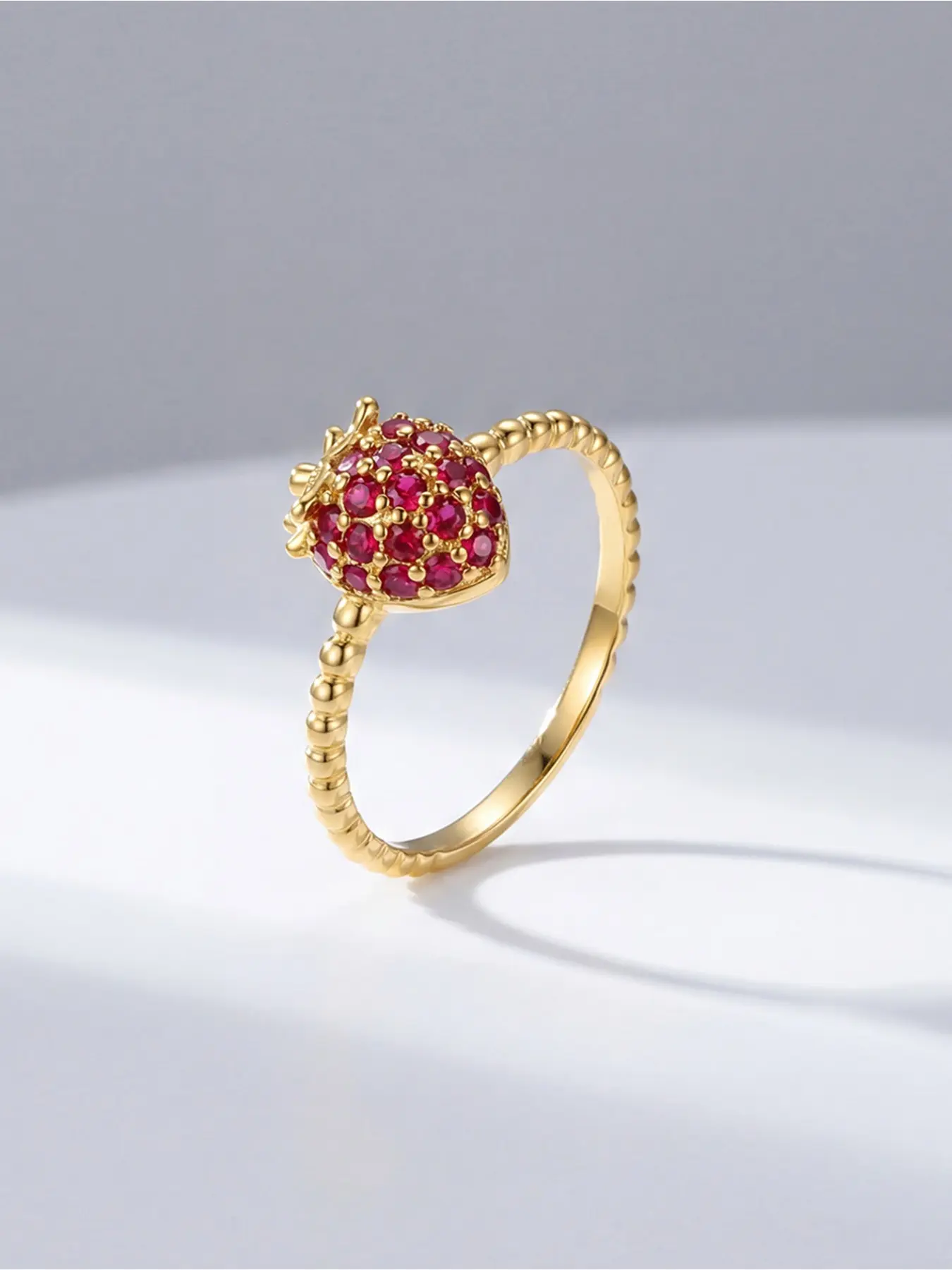 Minimalist Gold Strawberry Dainty Ring with Sparkling Red Zircon Inlay Delicate Statement Piece for Everyday and Summer Gifting Zircon Embellished Rings