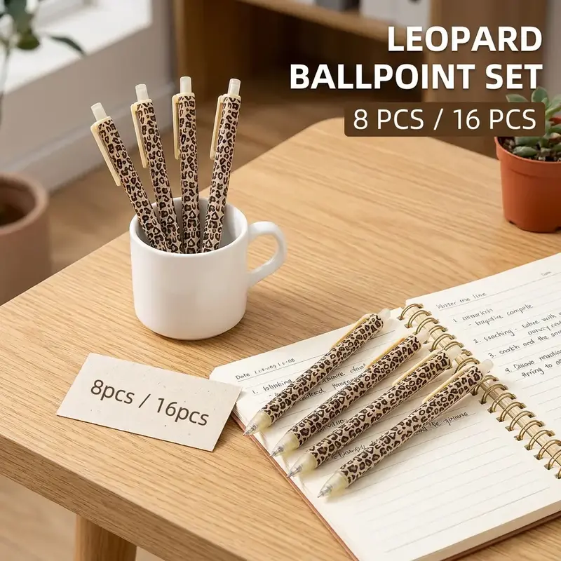 8/16pcs Leopard Print Retractable Ballpoint Pens, 1.0mm Smooth Writing No Cap Multi-Color Barrel Black Ink Office Stationery Set, Ideal Gift for Women and Men #GLOBAL PICKS