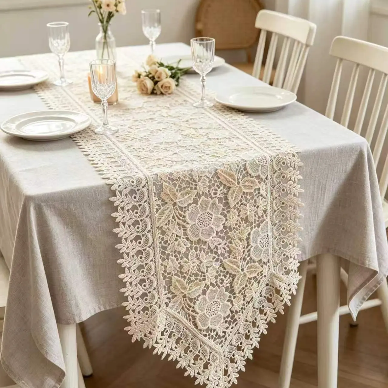 Vintage Lace Table Runner, Handmade Crochet Embroidered Tablecloth, American Country Style, Sheer Long Table Mat for Home Decor, Handmade Craftsmanship