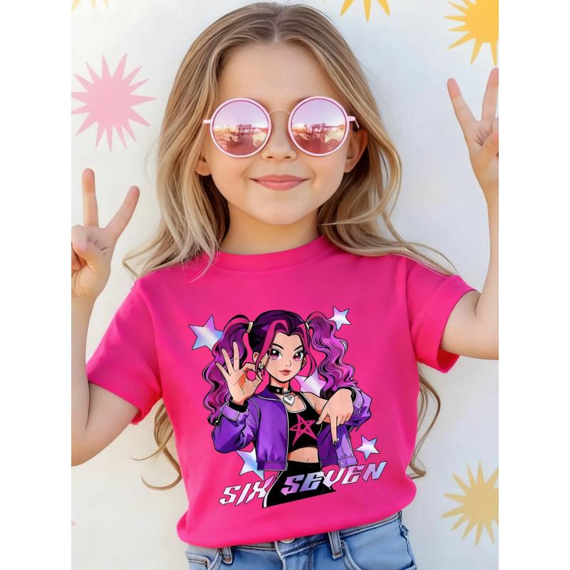 Girls' Easter, Kpop Cool Girl Star Print Short Sleeve T-Shirt, Comfortable Soft Fabric, Casual Sportswear, Perfect Gift for Girls