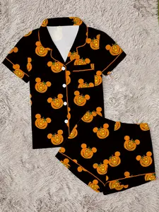 【Halloween】 Women's Halloween Cartoon Print Pajama Set, Cute Funny Sleepwear, 2-Piece Short Sleeve, Fitted, Above the Knee, All Seasons Gift