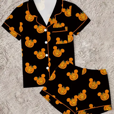 【Halloween】 Women's Halloween Cartoon Print Pajama Set, Cute Funny Sleepwear, Halloween Loungewear, 2-Piece Short Sleeve, Fitted, Above the Knee, All Seasons Gift