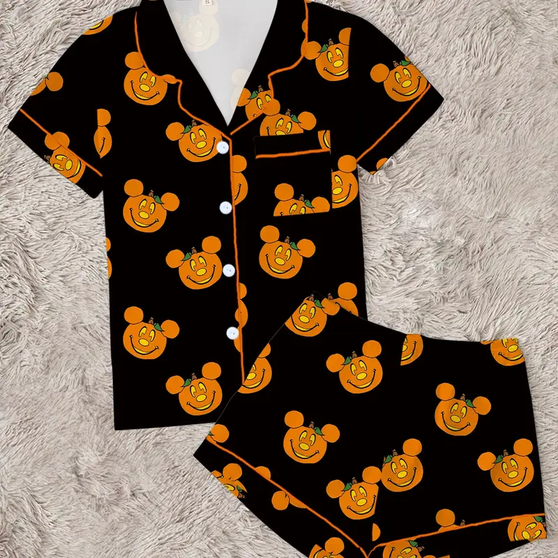 【Halloween】 Women's Halloween Cartoon Print Pajama Set, Cute Funny Sleepwear, Halloween Loungewear, 2-Piece Short Sleeve, Fitted, Above the Knee, All Seasons Gift